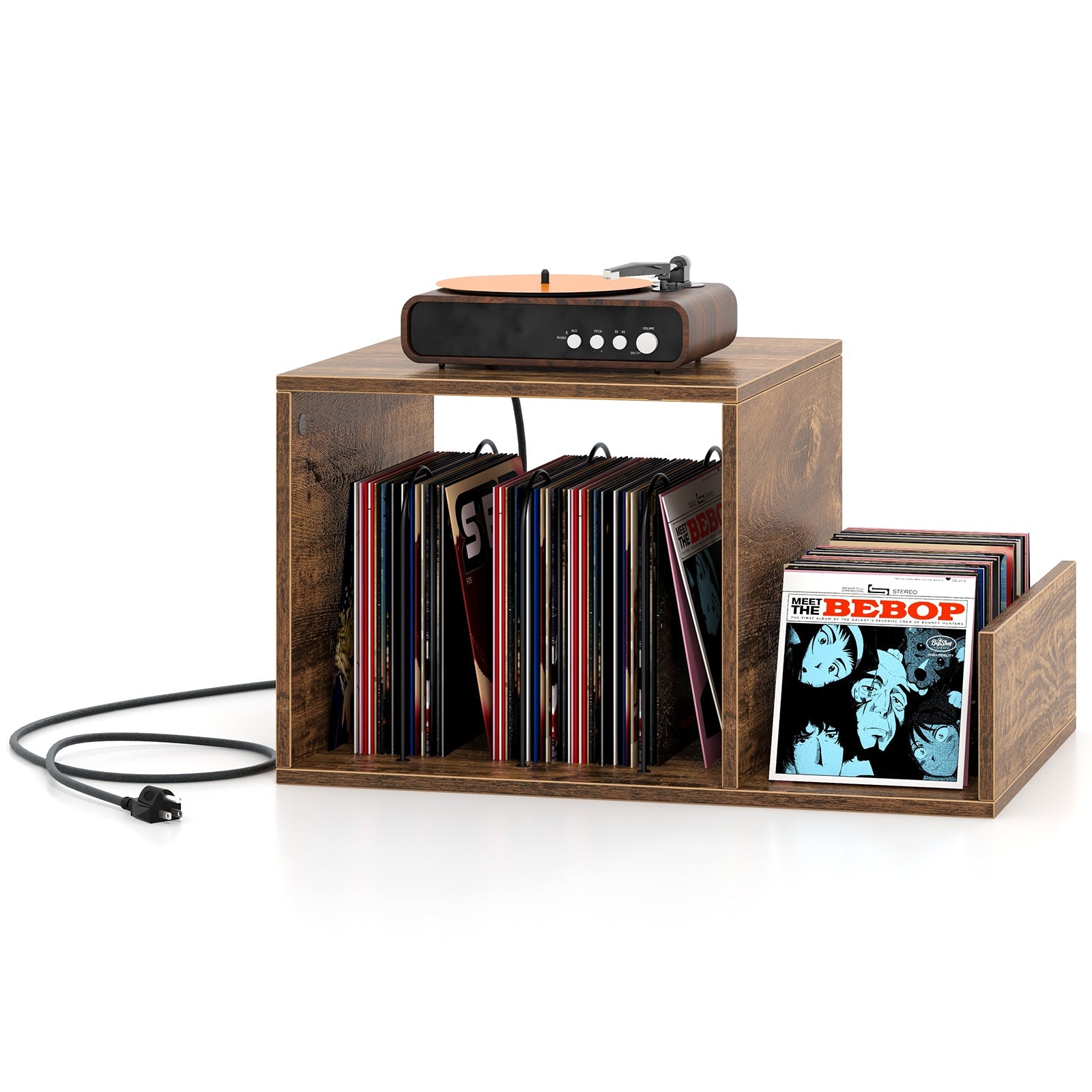 Mid-century Record Player Stand with Power Outlet and Vinyl Divider