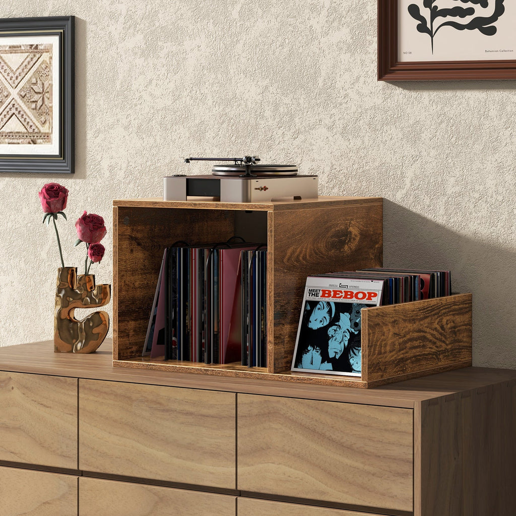 Mid-century Record Player Stand with Power Outlet and Vinyl Divider