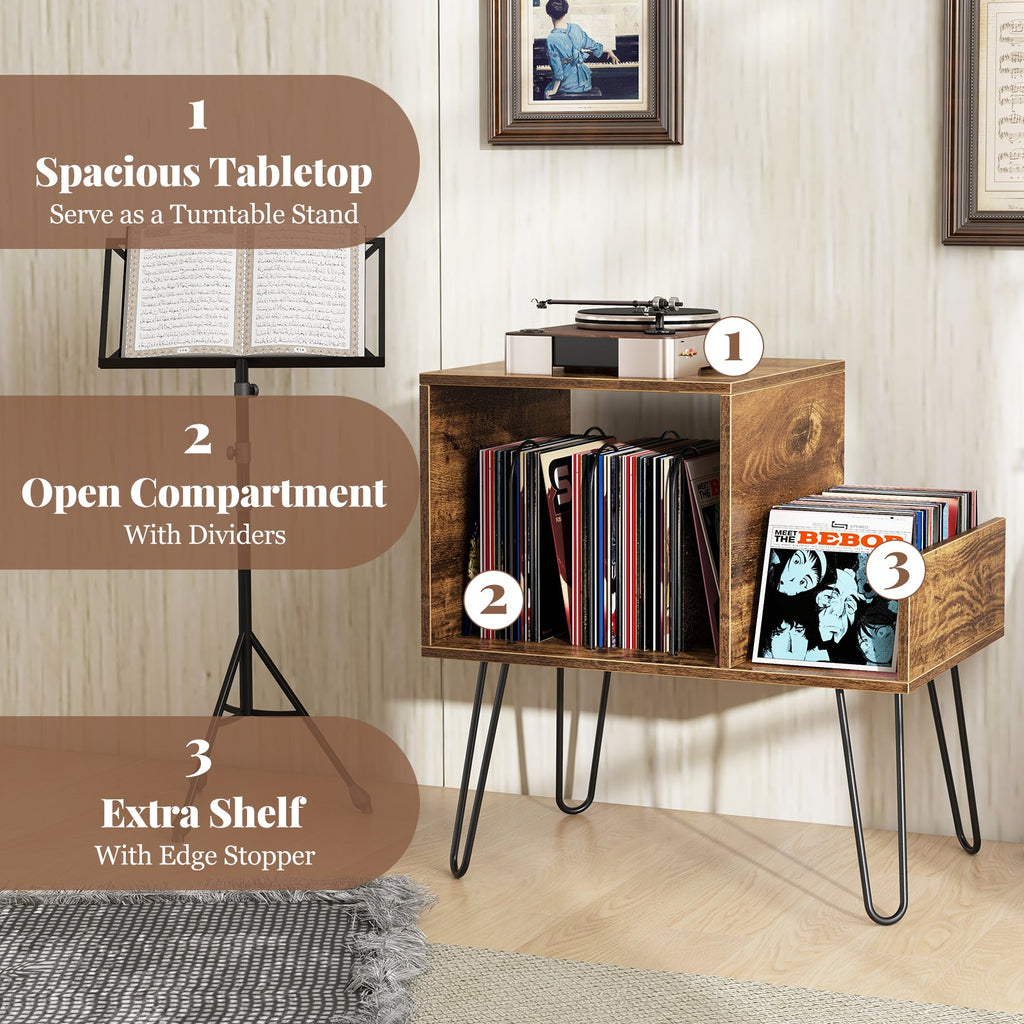 Mid-century Record Player Stand with Power Outlet and Vinyl Divider
